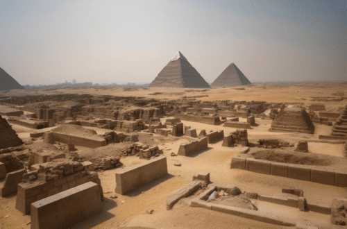 Paysage désertique montrant des ruines archéologiques au premier plan et trois grandes pyramides à l'arrière-plan sous un ciel bleu clair.