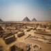 Paysage désertique montrant des ruines archéologiques au premier plan et trois grandes pyramides à l'arrière-plan sous un ciel bleu clair.