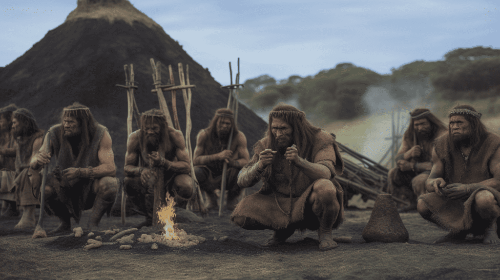 Hommes préhistoriques autour d'un petit feu, avec des outils et une hutte en arrière-plan dans un environnement brumeux.