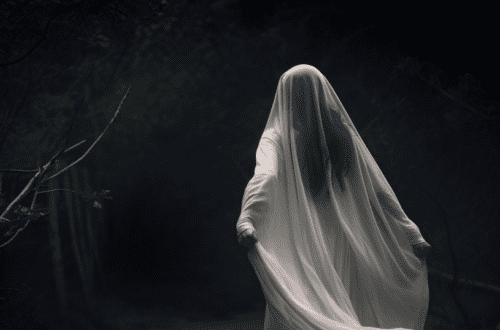 Image d'une figure fantomatique enveloppée d'un voile blanc dans une forêt sombre, rappelant conte et superstition sur les apparitions spectrales.