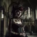 Une femme vêtue de façon gothique pose dans une église, incarnant les thèmes de la Mort et du macabre chers à cette culture.