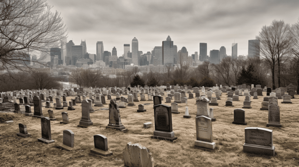 Un cimetière ancien aux pierres tombales hétéroclites s'étend devant une skyline urbaine moderne sous un ciel gris, évoquant la thématique de la conservation des cimetières dans un monde en changement.