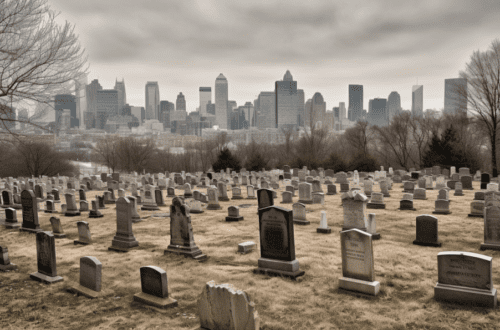 Un cimetière ancien aux pierres tombales hétéroclites s'étend devant une skyline urbaine moderne sous un ciel gris, évoquant la thématique de la conservation des cimetières dans un monde en changement.