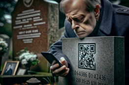 Un homme utilise son smartphone pour interagir avec un code QR sur l'un des monuments funéraires, soulignant la convergence de la mémoire et de la technologie numérique dans les cimetières modernes.