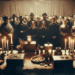 Groupe d'hommes et de femmes en habits traditionnels formels se tenant debout autour d'une table rappelant la tradition des Veillées Funéraires.