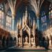 Un intérieur de cathédrale gothique qui reflète l'art funéraire à travers les âges, caractérisé par des statues solennelles et un autel richement décoré, le tout baigné dans la lumière transfiguratrice des vitraux anciens.