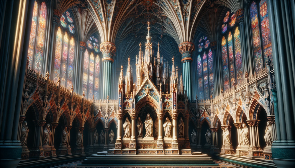 Un intérieur de cathédrale gothique qui reflète l'art funéraire à travers les âges, caractérisé par des statues solennelles et un autel richement décoré, le tout baigné dans la lumière transfiguratrice des vitraux anciens.