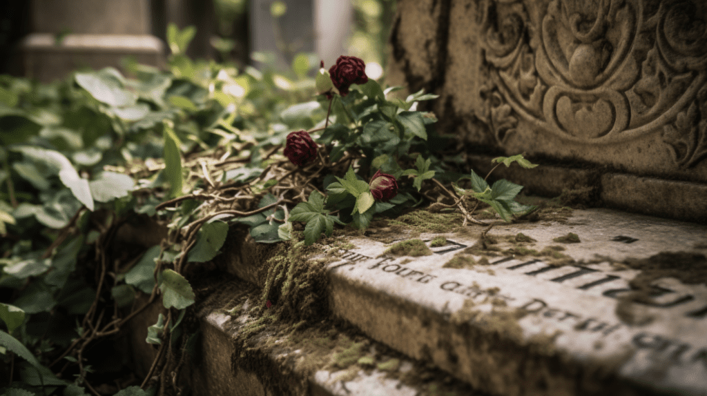 Cimetières Parisiens : Vieille pierre sculptée avec des motifs floraux et des inscriptions, couverte de mousse et entrelacée avec des roses rouges en bourgeon et des feuilles vertes, dans un cimetière parisien.