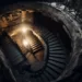 Un escalier en colimaçon ancien et usé descend dans l'obscurité, éclairé par des lampadaires périodiques, évoquant l'entrée des historiques catacombes.