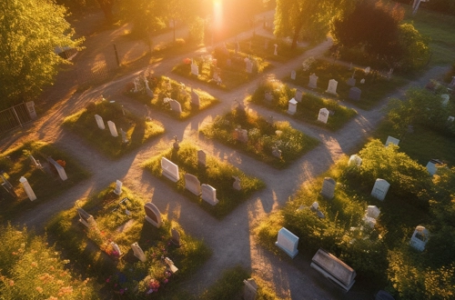 Vue aérienne d'un cimetière pour animaux paisible au coucher du soleil, avec des chemins ondulants parmi des tombes entourées de végétation et de fleurs, offrant un hommage serein aux animaux disparus.
