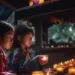Enseigner la Mort aux Enfants - Deux enfants en tenues traditionnelles observent une rangée de bougies, dans un cadre d'apprentissage sur la mortalité et le souvenir.