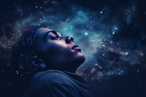 Image d'une personne en contemplation, le visage tourné vers le haut se fondant dans un fond de cosmos étoilé, symbolisant la signification des rêves sur la mort comme un voyage intérieur et une connexion avec l'univers.