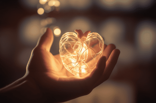 Une main ouverte tient un cœur artistique fait de fils lumineux, symbolisant le don de vie à travers le don d'organes et le don du corps.