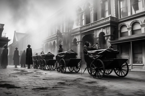 Une photographie en noir et blanc dépeint une scène historique de rue où le rôle crucial des pompes funèbres est mis en évidence par une procession de corbillards à chevaux et des personnes en grande tenue de deuil, le tout enveloppé dans une brume épaisse qui ajoute à la solennité de la scène.