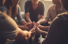 Un groupe de personnes assises en cercle, se tenant les mains, dans une pièce faiblement éclairée, symbolisant le soutien mutuel dans un des programmes de soutien en deuil.