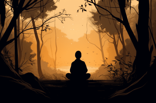 Silhouette d'une personne en méditation dans une forêt au crépuscule, l'environnement et la posture invitant à méditer sur la mortalité et la paix intérieure.