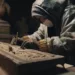 Un artisan effectue la sauvegarde méticuleuse d'une sculpture sur bois ancienne, avec des outils de précision dans un atelier à l'ambiance tamisée.