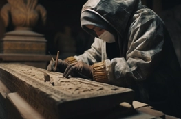 Un artisan effectue la sauvegarde méticuleuse d'une sculpture sur bois ancienne, avec des outils de précision dans un atelier à l'ambiance tamisée.