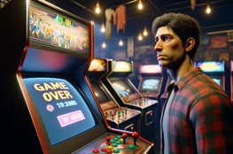 Un joueur fait face à la mort dans un jeu vidéo, reflétant sur l'écran "Game Over" d'une machine d'arcade classique. Son expression sérieuse trahit une combinaison de frustration et de résolution. Des machines d'arcade supplémentaires sont visibles en arrière-plan dans une salle de jeu faiblement éclairée.