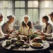 Une famille suédoise participe à des rites funéraires à travers la gastronomie, réunie autour d'une table en bois dans une pièce éclairée naturellement, partageant un repas simple et traditionnel en mémoire d'un proche disparu.