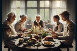 Une famille suédoise participe à des rites funéraires à travers la gastronomie, réunie autour d'une table en bois dans une pièce éclairée naturellement, partageant un repas simple et traditionnel en mémoire d'un proche disparu.