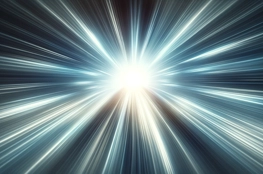 Une illustration dépeignant le concept d'une expérience de mort imminente avec un point de lumière éclatant au centre et des rayons de lumière s'étendant vers les bords, évoquant un mouvement rapide vers une source de lumière.