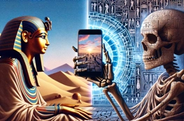 Juxtaposition d'une figure de pharaon égyptien et d'un squelette moderne tenant un smartphone, illustrant la représentation médiatique de la mort