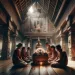 Dans cette image capturant des rites funéraires ethniques, une famille en tenue traditionnelle est assise en méditation autour d'un proche défunt. L'atmosphère est paisible et respectueuse dans le cadre d'une maison traditionnelle asiatique, avec des sculptures en bois et une lumière naturelle qui filtre à travers la fenêtre du haut.