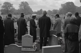 Un groupe de personnes en deuil, vêtues de manière formelle, se tient debout dans un cimetière lors d'une cérémonie d'inhumation pour les indigents. L'image, en noir et blanc, communique le respect et la solennité de l'instant.