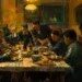 Rites Funéraires et Gastronomie : Une famille réunie autour d'une table pour un repas funéraire, partageant des plats traditionnels en mémoire du défunt, dans une ambiance intime et respectueuse.