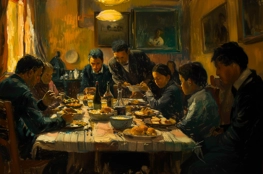 Rites Funéraires et Gastronomie : Une famille réunie autour d'une table pour un repas funéraire, partageant des plats traditionnels en mémoire du défunt, dans une ambiance intime et respectueuse.