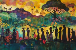 Une illustration vibrante des rites funéraires ethniques montrant diverses personnes participant à des cérémonies funéraires, avec des silhouettes devant un paysage exotique coloré