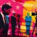 Illustration pop art des funérailles de JFK, montrant plusieurs silhouettes de John F. Kennedy entourées de caméras et de journalistes, avec un drapeau américain en arrière-plan, utilisant des couleurs vives et saturées pour capturer l'impact médiatique de l'événement.