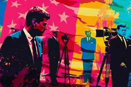 Illustration pop art des funérailles de JFK, montrant plusieurs silhouettes de John F. Kennedy entourées de caméras et de journalistes, avec un drapeau américain en arrière-plan, utilisant des couleurs vives et saturées pour capturer l'impact médiatique de l'événement.