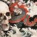 Tatouages liés à la mort : Un crâne détaillé entouré de fleurs de cerisier et de branches, avec un dragon rouge vif serpente autour, illustrant des thèmes de mort et de renaissance dans le style Irezumi japonais.