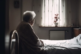 Une personne âgée contemple en silence depuis sa chambre, incarnant le concept de 'Mort Éclipsée' dans la solitude