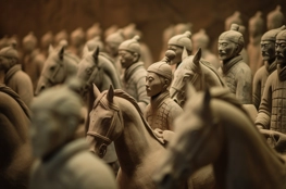 Statues anciennes de soldats et chevaux en terre cuite, alignées en ordre de bataille, symbolisant les rites funéraires des dirigeants mondiaux à travers l'histoire, spécifiquement ceux de l'empereur Qin Shi Huang.