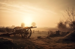 Un vieux canon de campagne se dresse dans un champ au crépuscule, avec une lumière dorée qui illumine le paysage brumeux et paisible, évoquant les rituels de souvenir et les vestiges de la propagande historique