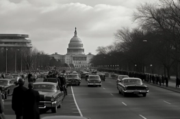 Une procession funéraire historique en noir et blanc, capturant les funérailles de JFK, avec des rangées de voitures classiques des années 1960 se dirigeant vers le Capitole des États-Unis. Des spectateurs et des gardes d'honneur bordent l'avenue, rendant hommage dans une atmosphère de deuil national.