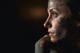 Portrait sombre et pensif d'une personne avec des tatouages complexes liés à la mort, représentant des motifs floraux noirs entrelacés sur le visage, le cou et les bras, symbolisant le deuil et le passage du temps.