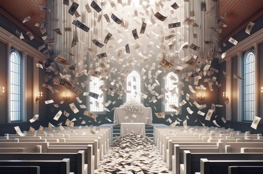Une cérémonie funéraire dans une salle élégante, symbole des controverses dans l'industrie funéraire, où une pluie dense de billets de banque tombe du plafond, illustrant les débats sur les coûts et les pratiques commerciales de ces services.