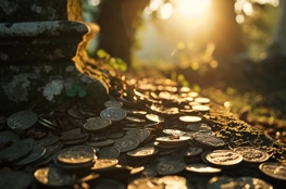 Pièces de monnaie éparpillées sur une tombe ancienne sous la douce lumière du matin, illustrant la signification des objets sur les tombes.