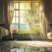 Chambre d'hospice paisible avec lumière naturelle traversant une fenêtre donnant sur un jardin, rideaux semi-ouverts, fleurs sur une table de chevet et décoration simple, évoquant un environnement apaisant pour les soins palliatifs.