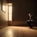 Homme semblant contemplatif ou triste, assis seul dans une pièce éclairée par une fenêtre, un cadre sur le mur, possible espace pour l'art thérapie