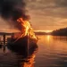 Une reconstitution d'un rituel funéraire viking lors d'un festival de la mort, montrant un navire en flammes sur l'eau au coucher du soleil avec des personnes rassemblées autour en signe de respect