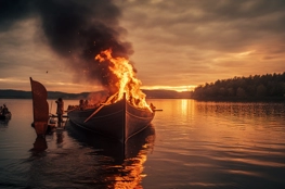 Une reconstitution d'un rituel funéraire viking lors d'un festival de la mort, montrant un navire en flammes sur l'eau au coucher du soleil avec des personnes rassemblées autour en signe de respect