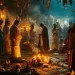 Cérémonie nocturne capturant les rites funéraires et l'identité culturelle, avec des individus en habits traditionnels réunis autour de bougies et d'offrandes