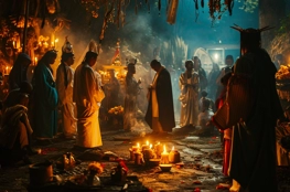 Cérémonie nocturne capturant les rites funéraires et l'identité culturelle, avec des individus en habits traditionnels réunis autour de bougies et d'offrandes