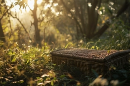 Un panier en osier repose dans une forêt baignée de lumière, illustrant les impacts environnementaux réduits des rites funéraires écologiques.