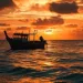 Un bateau solitaire flotte sur une mer tranquille sous un ciel de coucher de soleil aux nuances ardentes, évoquant la sérénité des sépultures marines